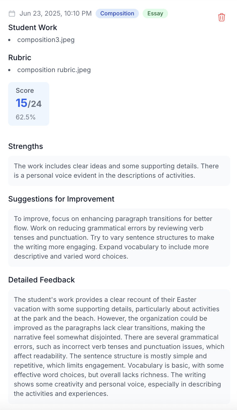 Sample grading result with feedback